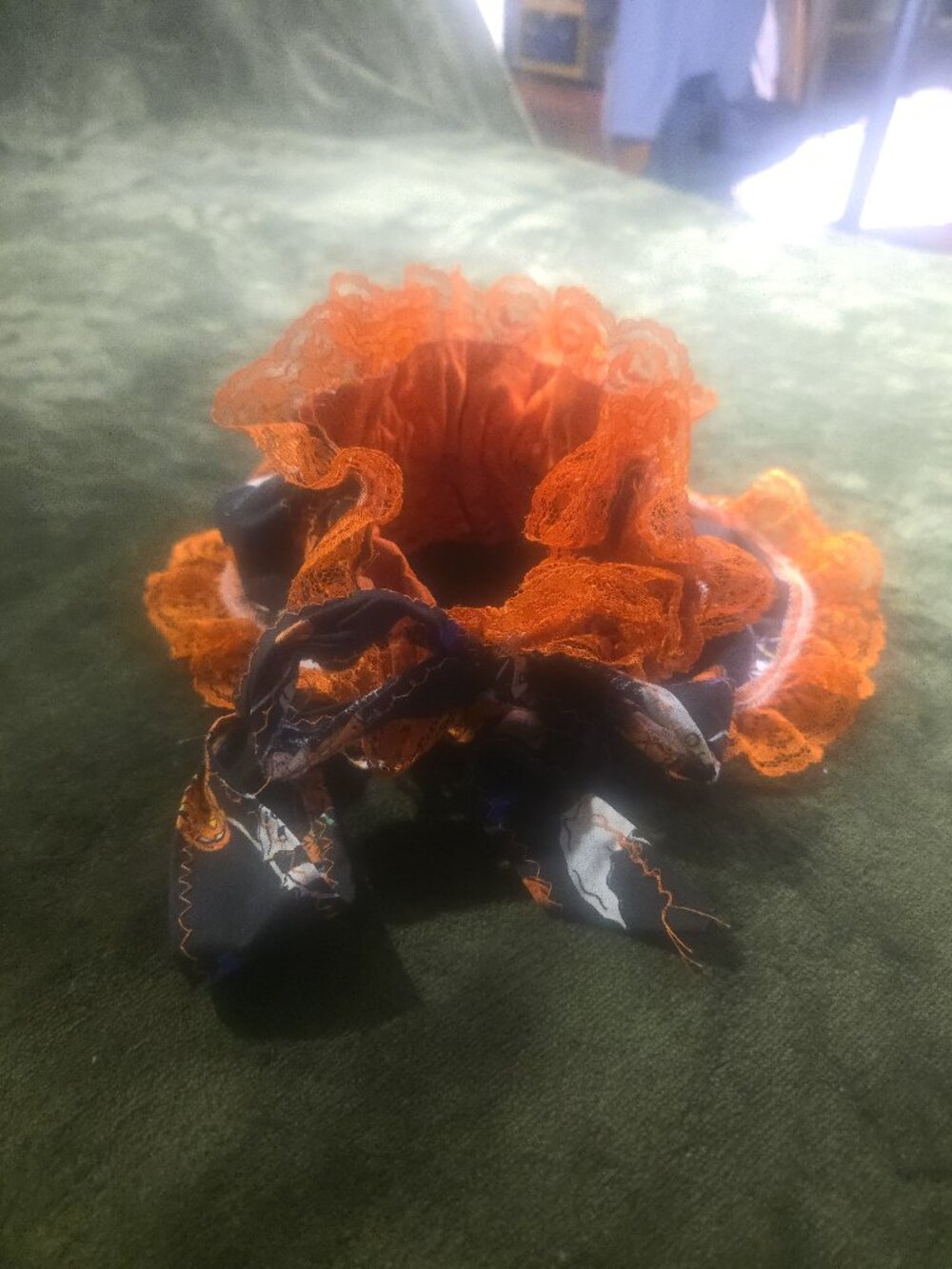 Handmade Halloween Pet Costume Collar - Orange Lace Ruffle, Pumpkin & Ghost Prin